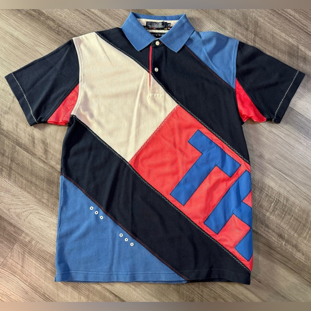 Tommy Hilfiger Vintage Polo Blue Big Logo 2 Buttons Colorblock 90s Size M